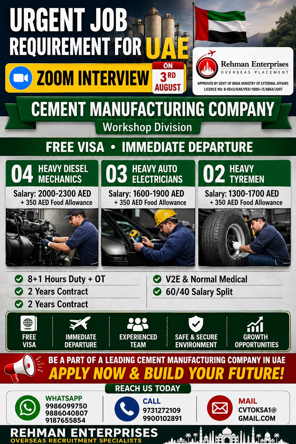 Urgent Job Requirement for UAE - Cement Manufacturing Company Workshop Division