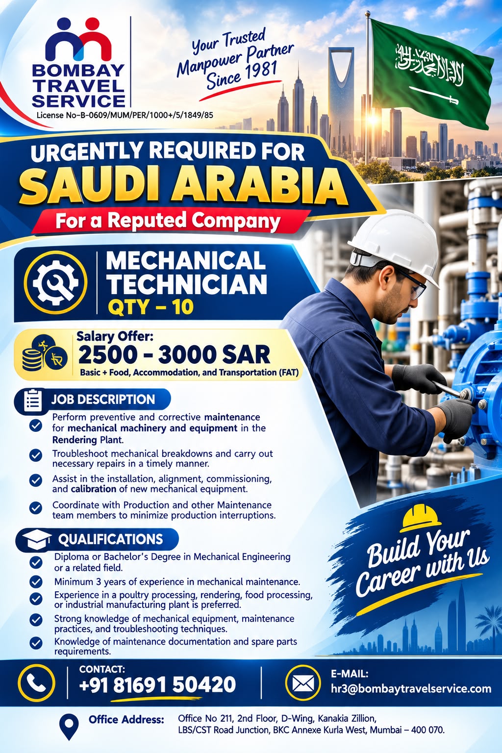 Bts urgently seeking below categories profiles for a very reputed ksa co. — BOMBAY TRAVEL SERVICE, Saudi Arbia