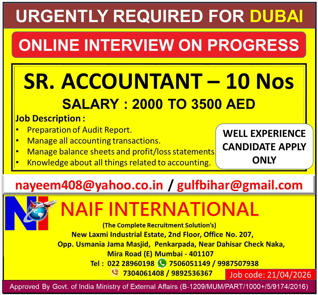SR. ACCOUNTANT — NAIF INTERNATIONAL, United Arab Emirates, United Arab Emirates