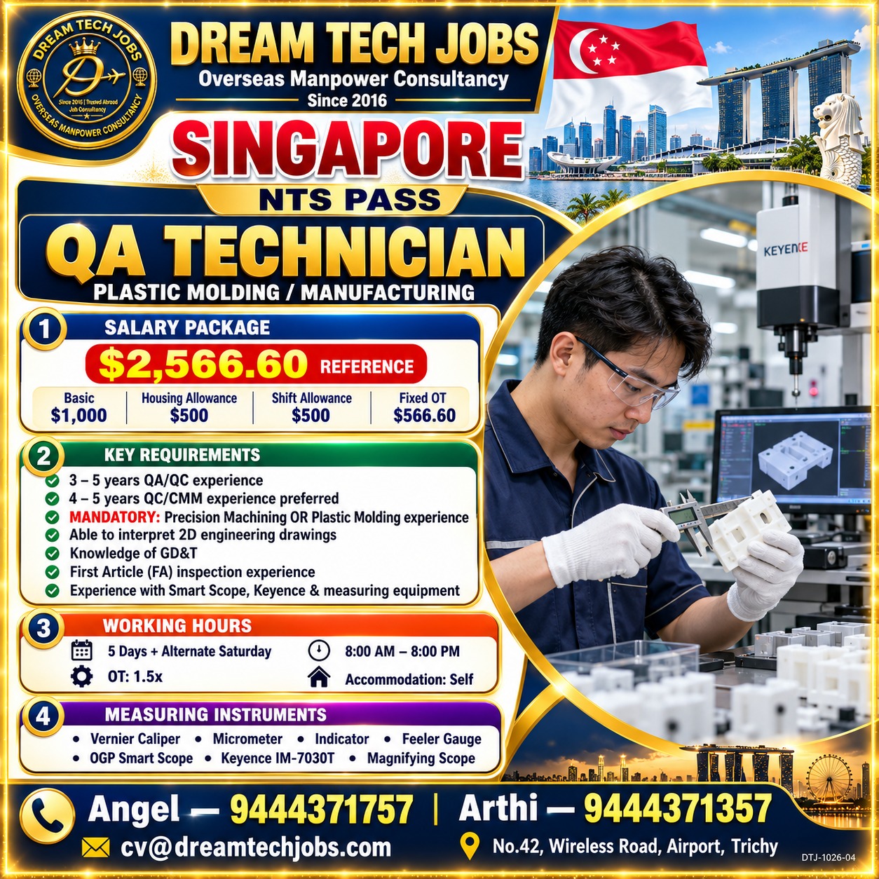 QA Technician - Plastic Molding / Manufacturing — DREAM TECH JOBS -TRICHY, Singapore, Singapore