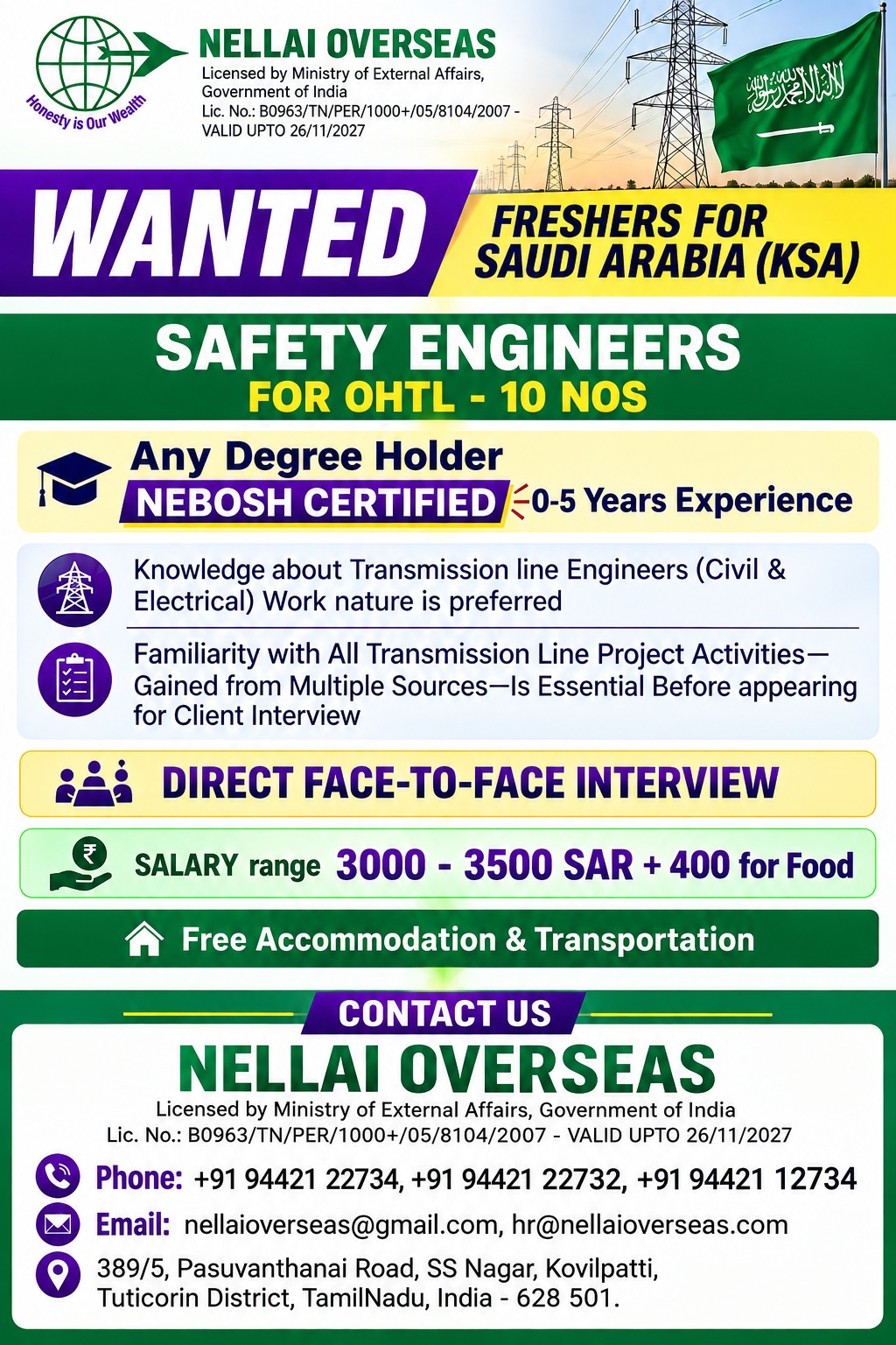Safety Engineers for OHTL — NELLAI OVERSEAS, Saudi Arabia