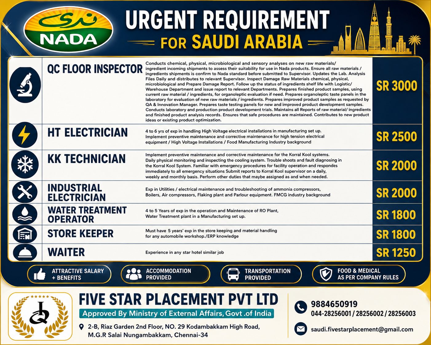 URGENT REQUIREMENT FOR SAUDI ARABIA - ALNADA — Five Star Placement Pvt Ltd, SAUDI ARABIA, SAUDI ARABIA