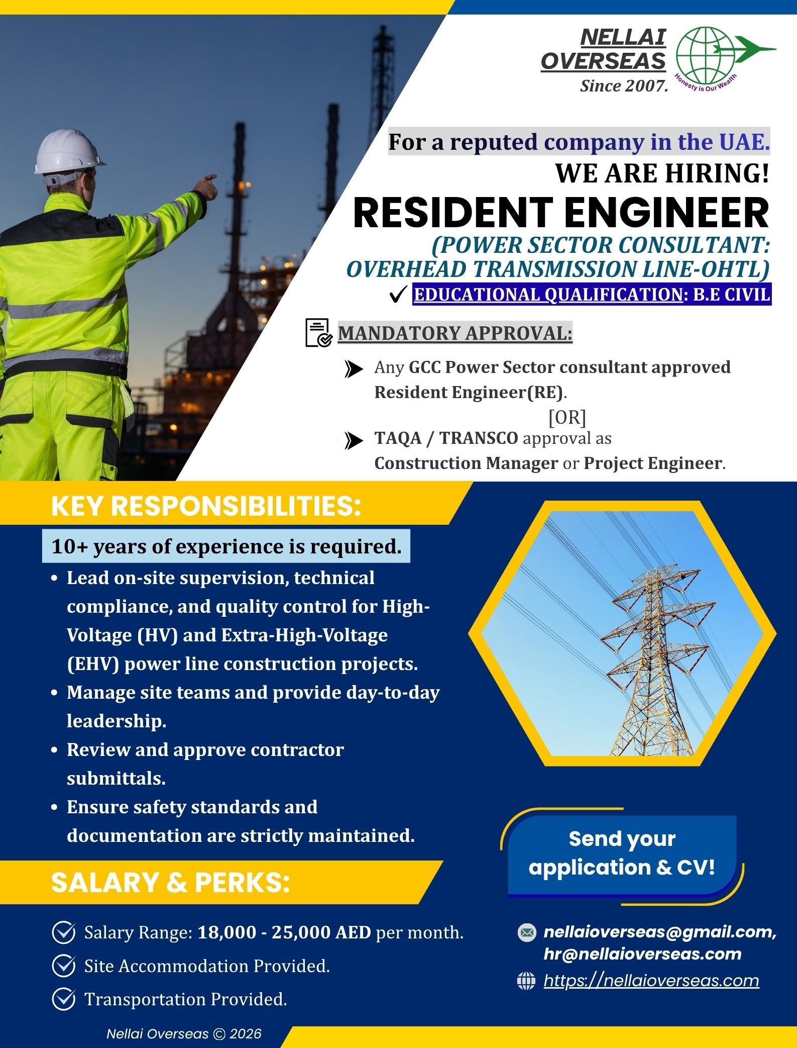 Resident Engineer Civil (Overhead Transmission Line-OHTL) UAE