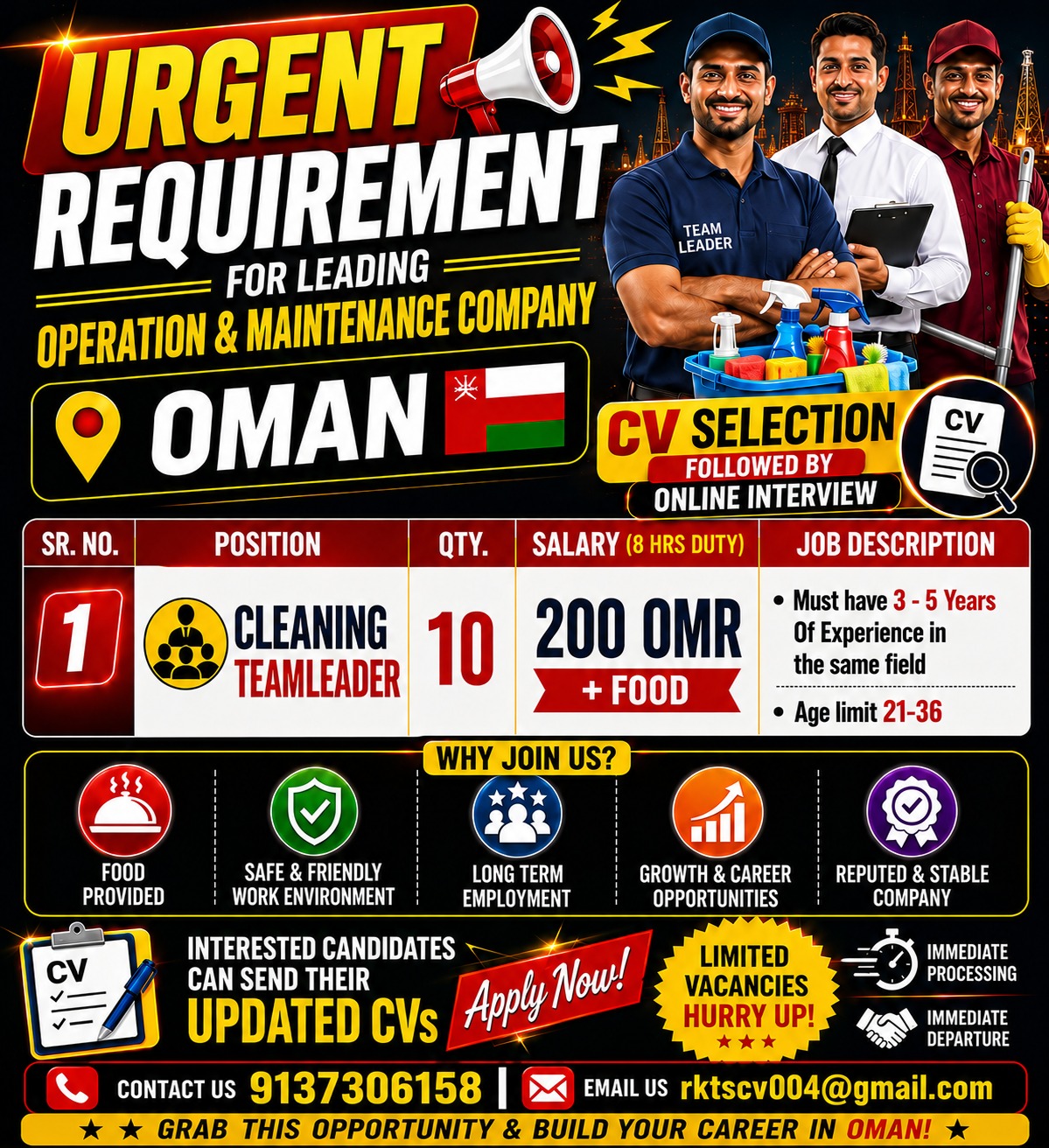 URGENT REQUIREMENT FOR LEADING OPERATION & MAINTENANCE COMPANY