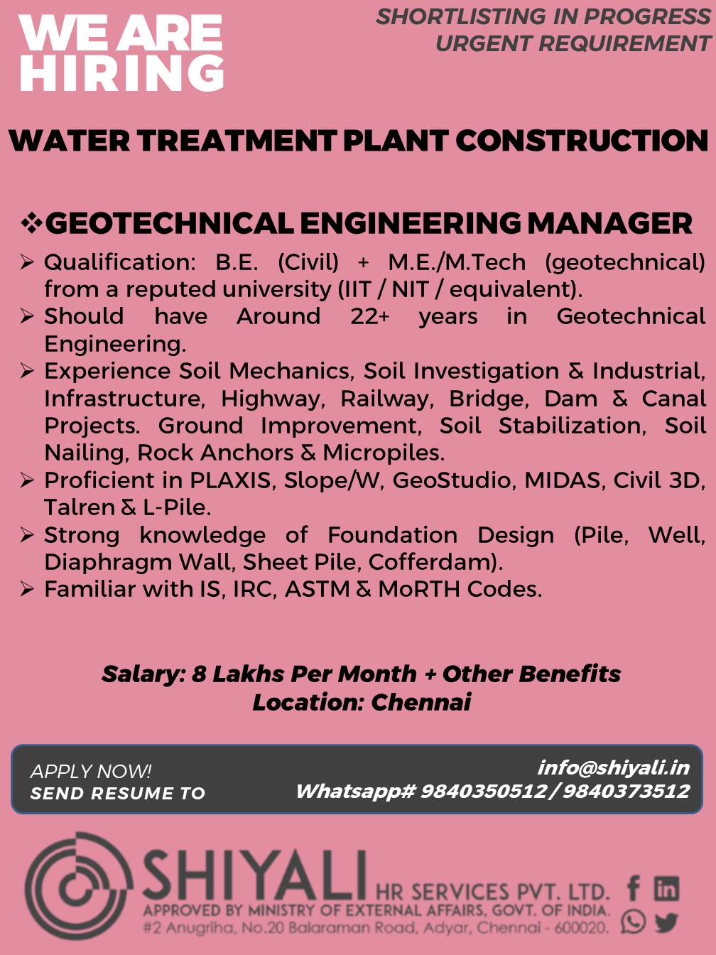 Water Treatment Plant Construction - Geotechnical Engineering Manager — SHIYALI HR SERVICES, India