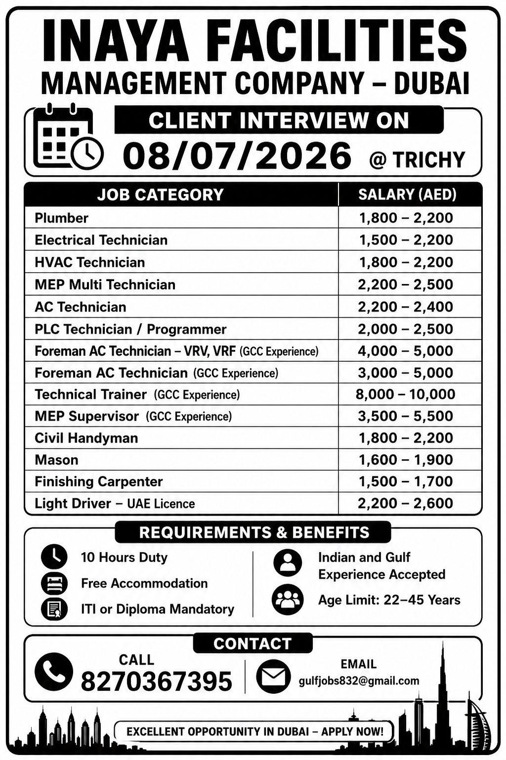 Mep technician, Electrician — VG TRAVELS, Dubai