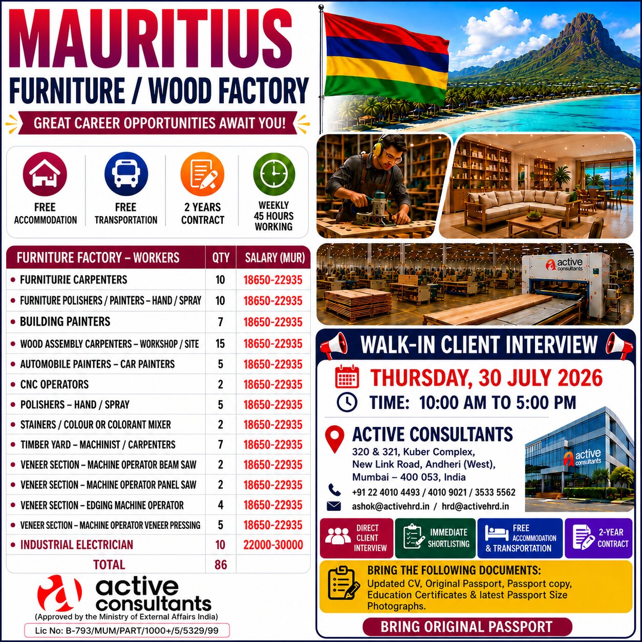 Fit Out / Joinery  / Furniture Factory - Staff Site Manager  Site Supervisor Cabinet Vision Operator/ Cutting List Technician CNC Programmer Joinery Draughtsman Joinery Estimator Junior Draughtsman (Joinery) Site Installation Technician Quantity Surveyor — Active Consultants, MAURITIUS, MAURITIUS