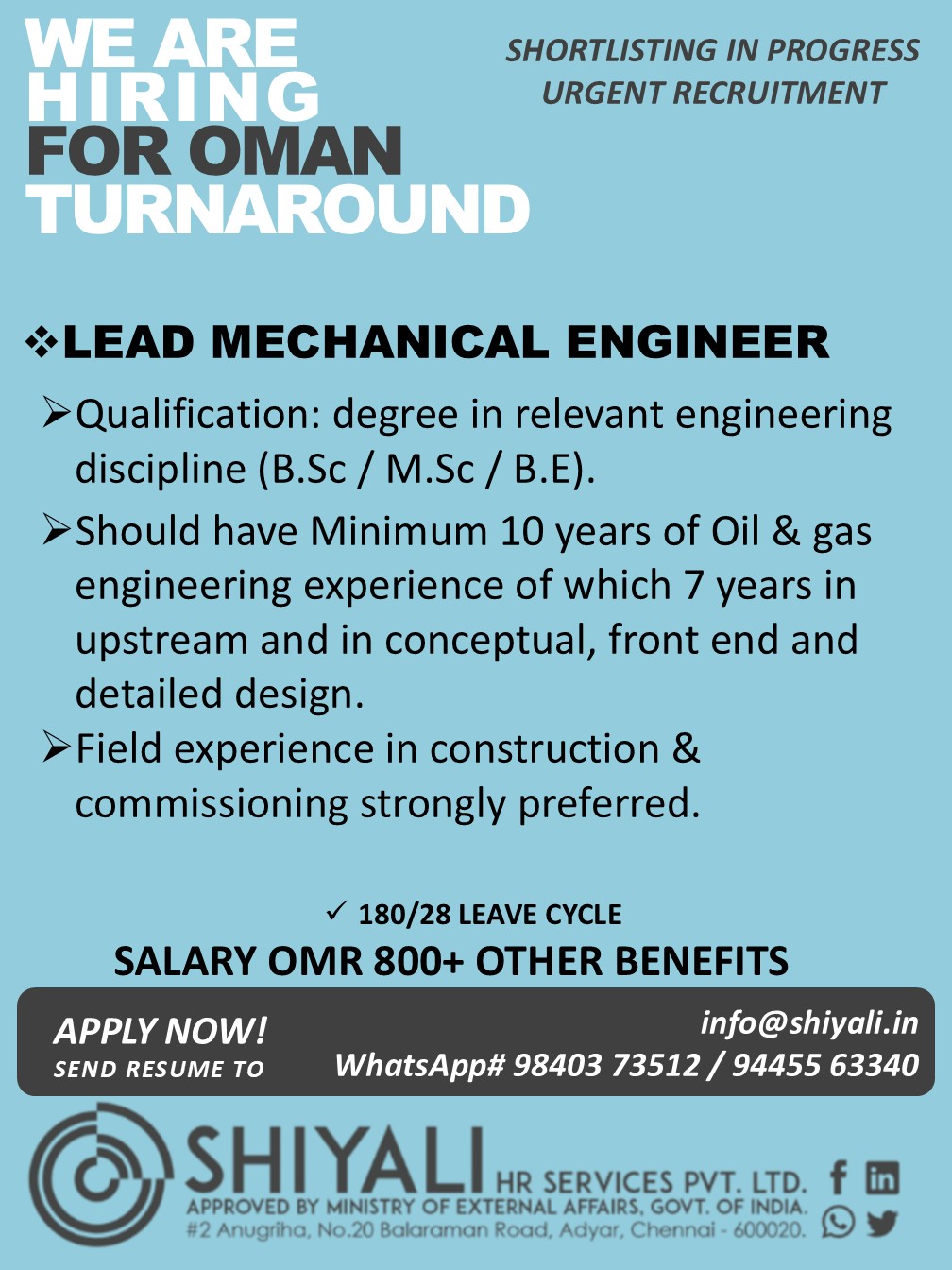 Lead Mechanical Engineer for Oman Turnaround