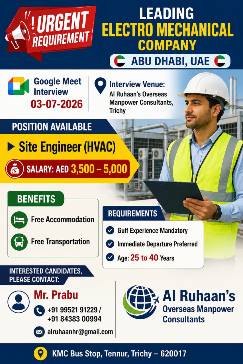A Leading Electro Mechanical Company required Site Engineer (HVAC) - Abu Dubai