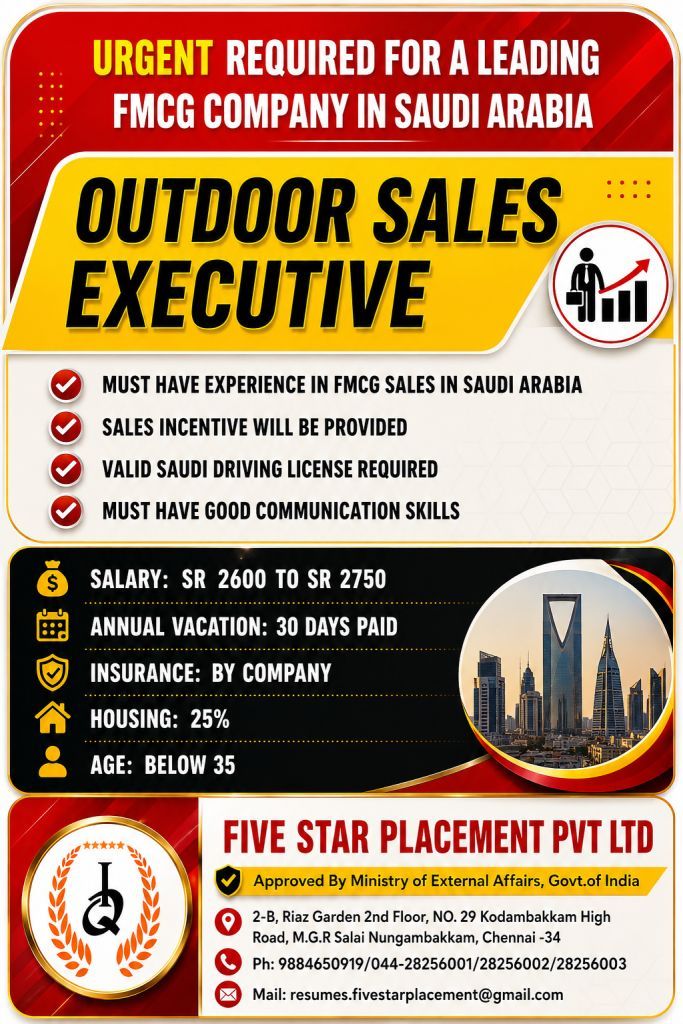 URGENT REQUIRED FOR A LEADING FMGC COMPANY IN SAUDI ARABIA