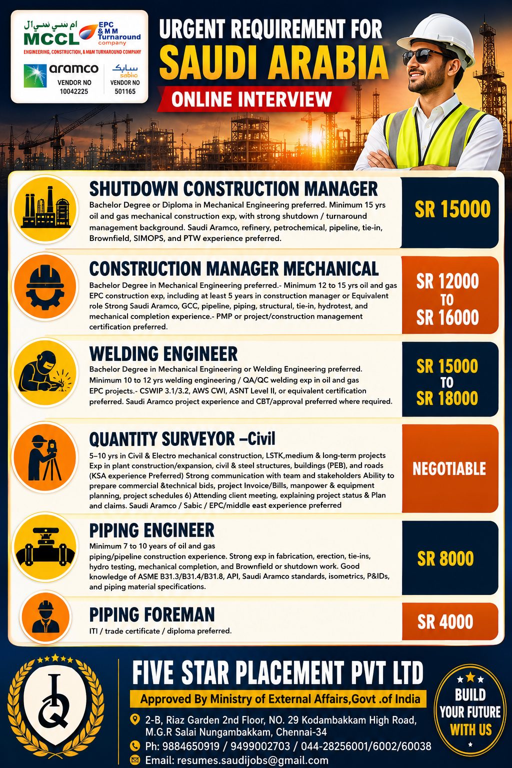 URGENT REQUIREMENT FOR SAUDI ARABIA - ONLINE — Five Star Placement Pvt Ltd, SAUDI ARABIA, SAUDI ARABIA