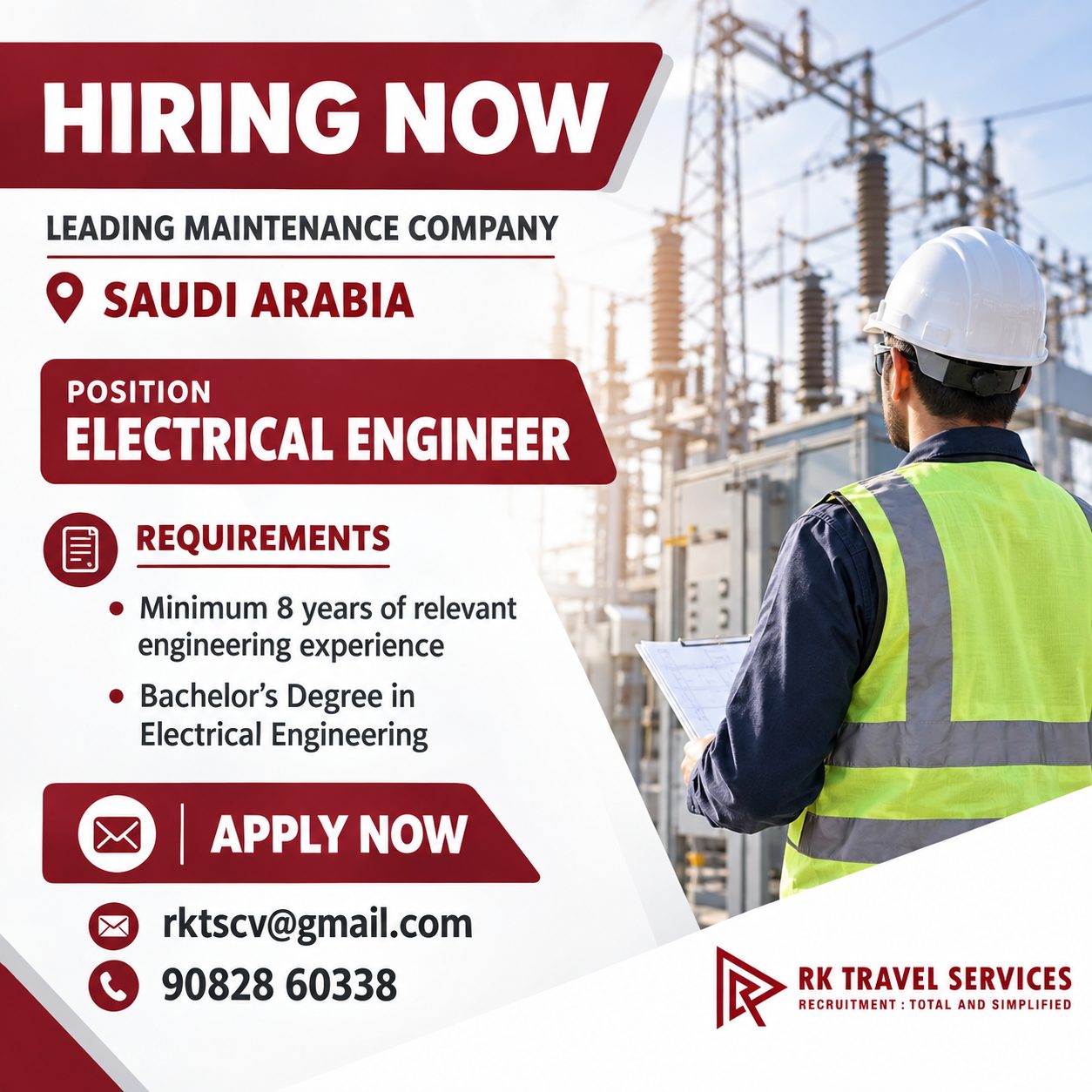 📢 HIRING NOW – ELECTRICAL ENGINEER | SAUDI ARABIA 🇸🇦 — RK Travel Services, Saudi Arabia, Saudi Arabia