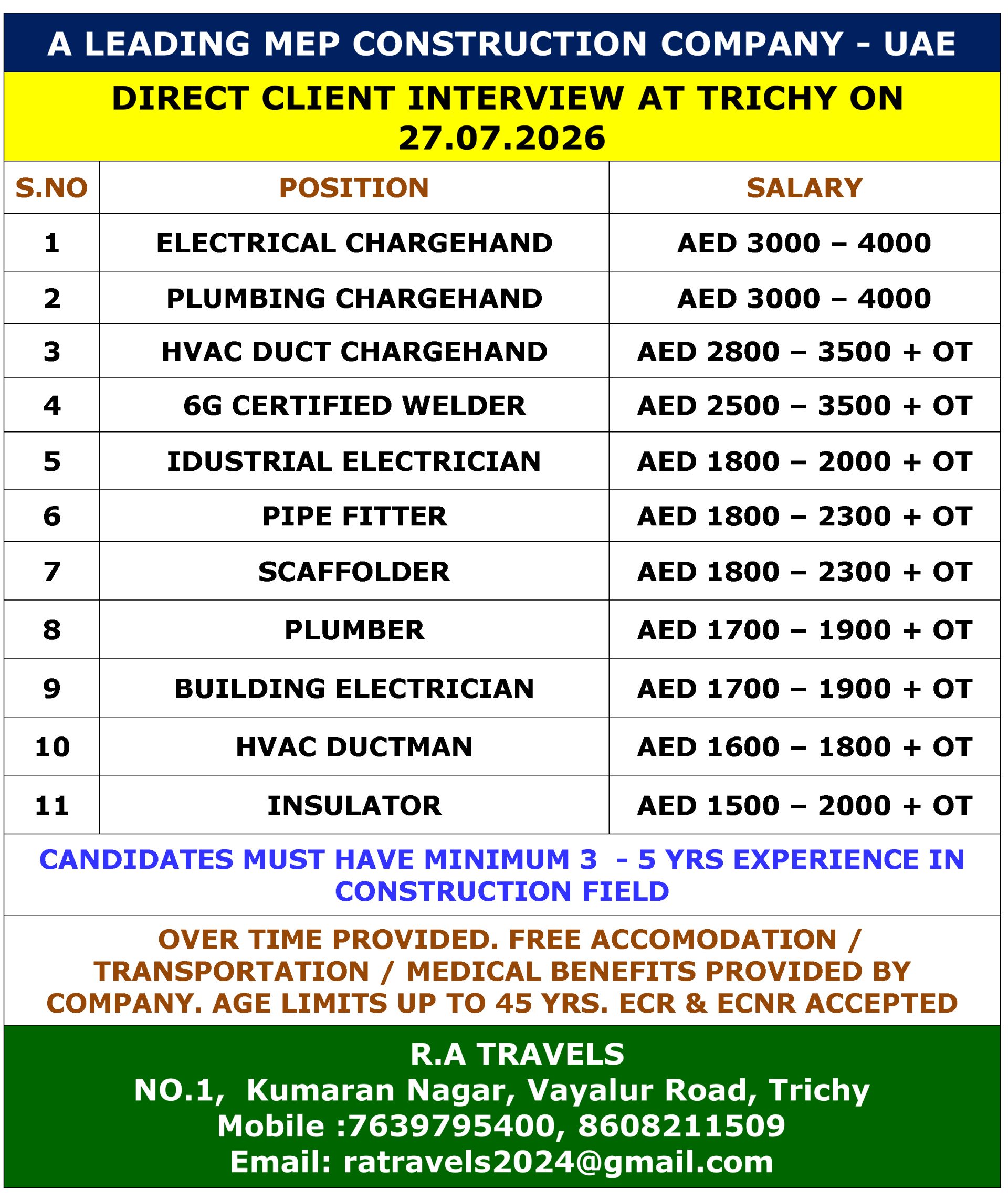 A LEADING MEP CONSTRUCTION COMPANY - UAE — R.A Travels, DUBAI, DUBAI