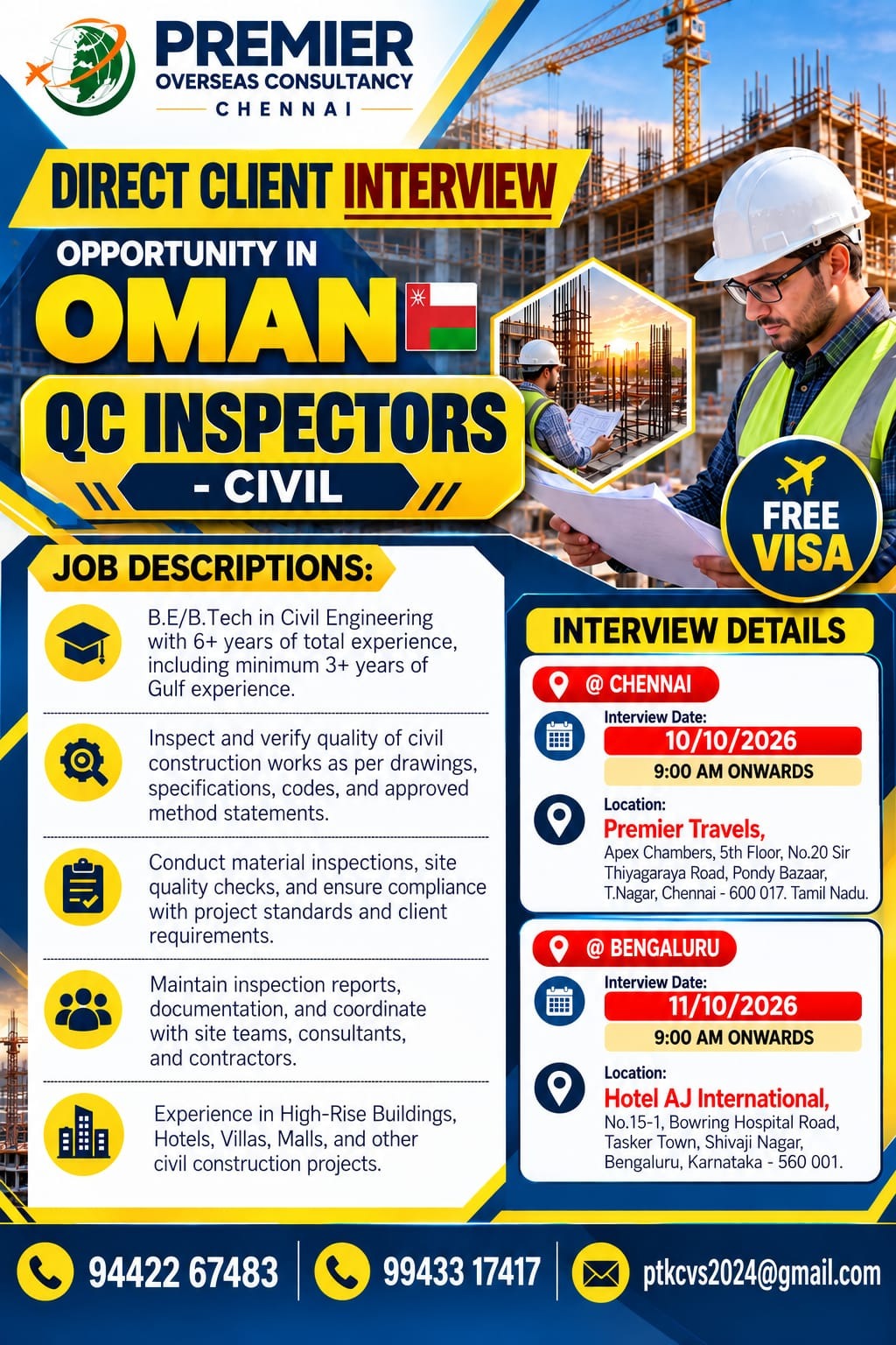 QC Inspectors - Civil — Premier Travels, Oman, Oman