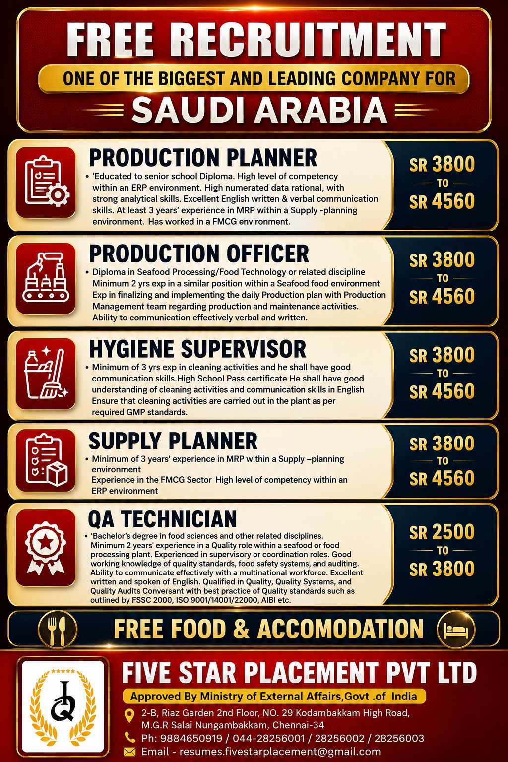One of the Biggest and leading company FOR  SAUDI ARABIA -FREE REQUIREMENT — Five Star Placement Pvt Ltd, SAUDI ARABIA, SAUDI ARABIA