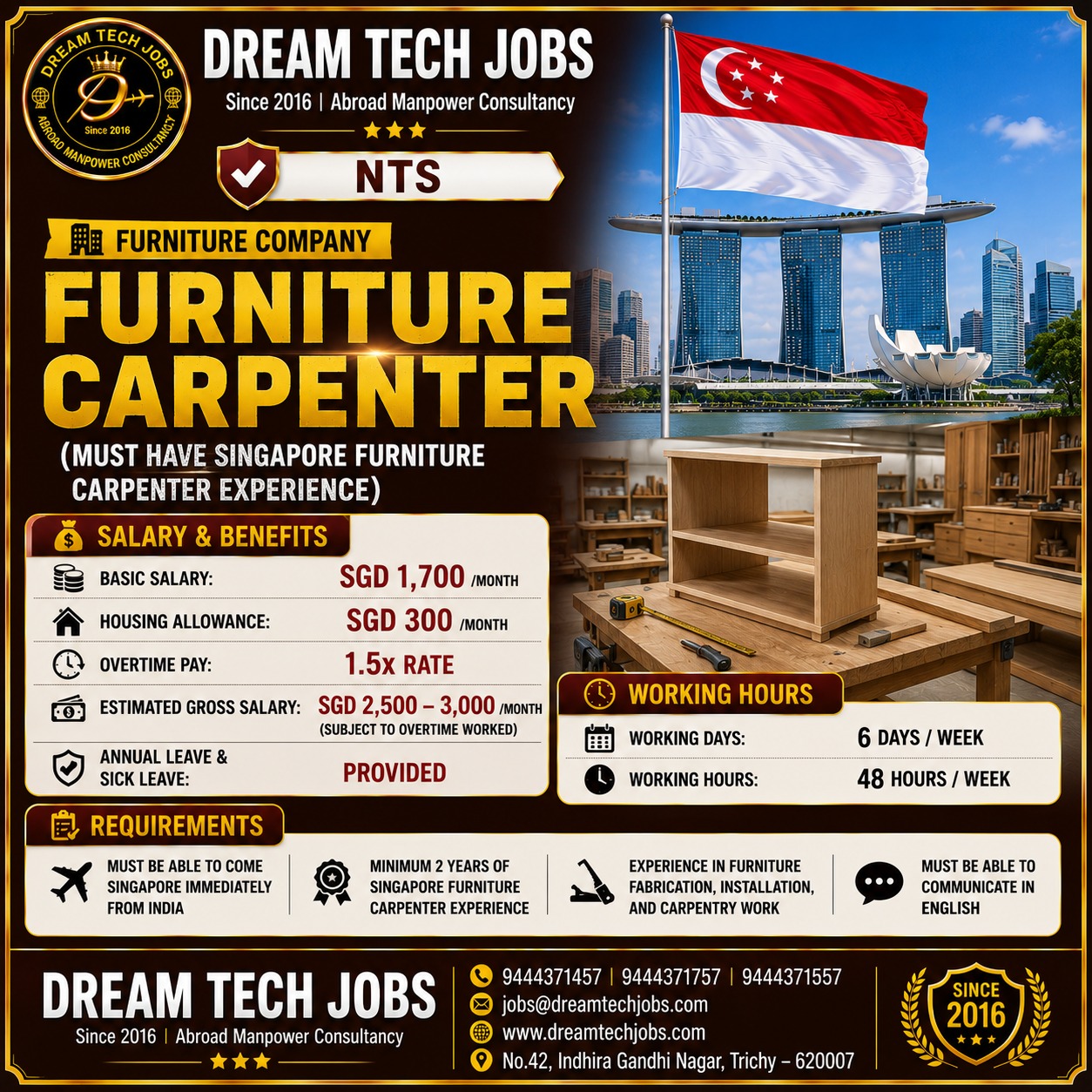 Furniture Carpenter — Dream Tech Jobs - Trichy, Singapore, Singapore