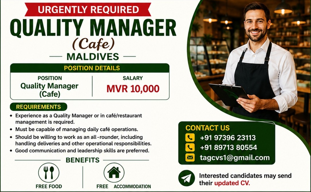 Urgently Required – Quality Manager (Cafe) – Maldives