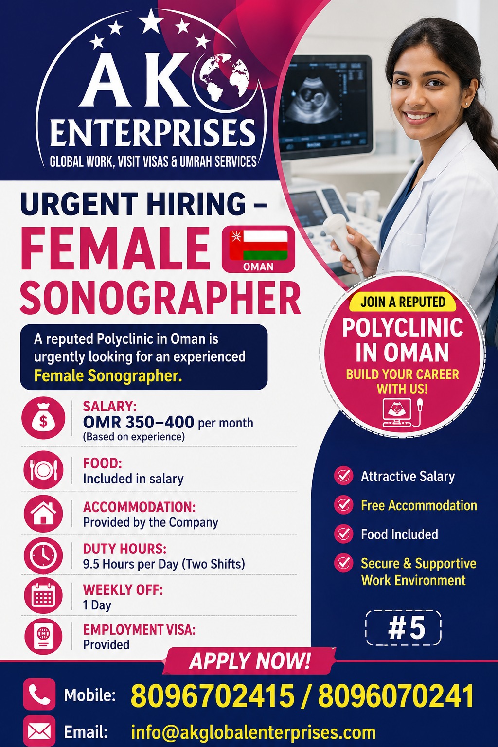 Urgently Hiring for Oman Sonographer for Female — AK ENTERPRISES, Oman