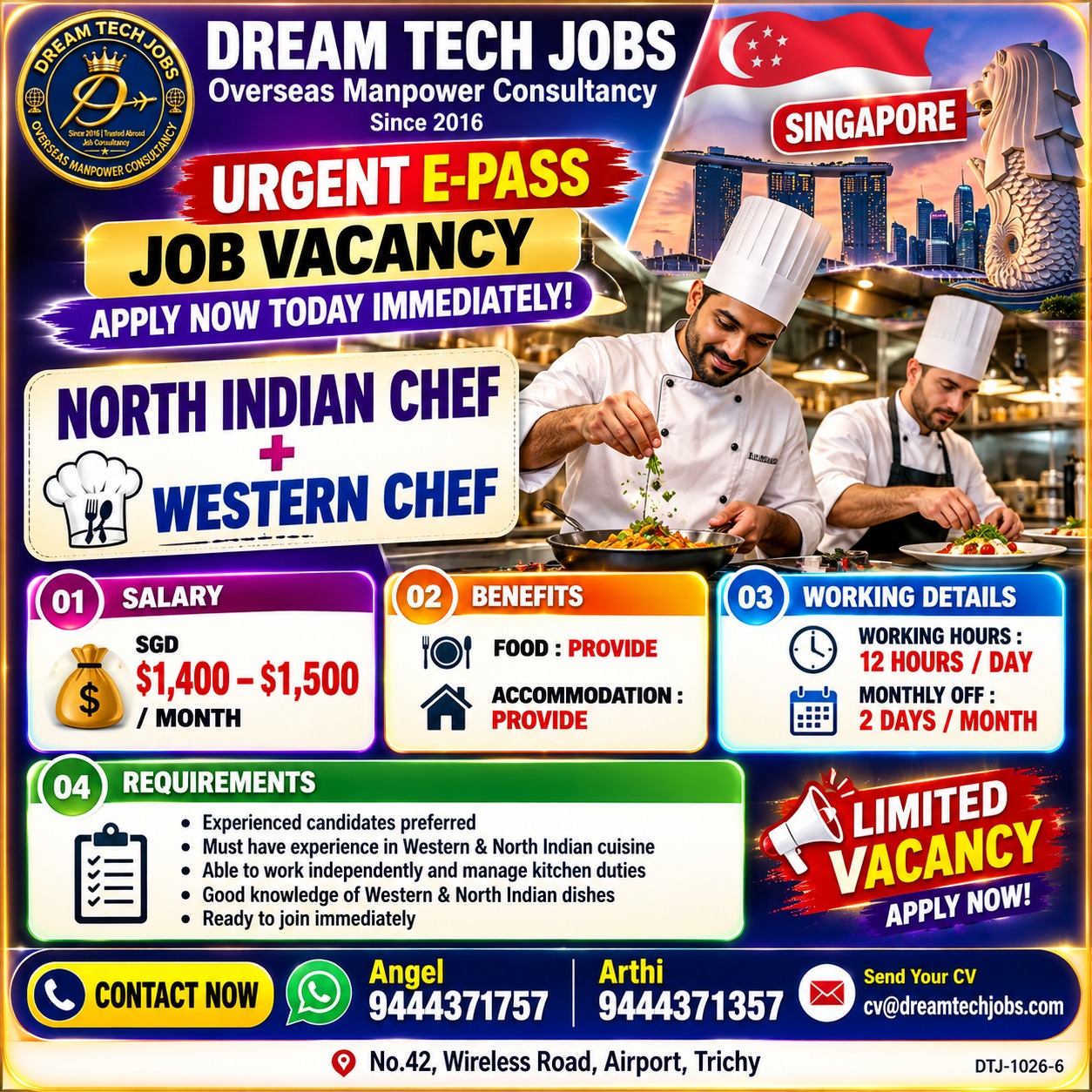 North Indian Chef + Western Chef — DREAM TECH JOBS -TRICHY, Singapore, Singapore