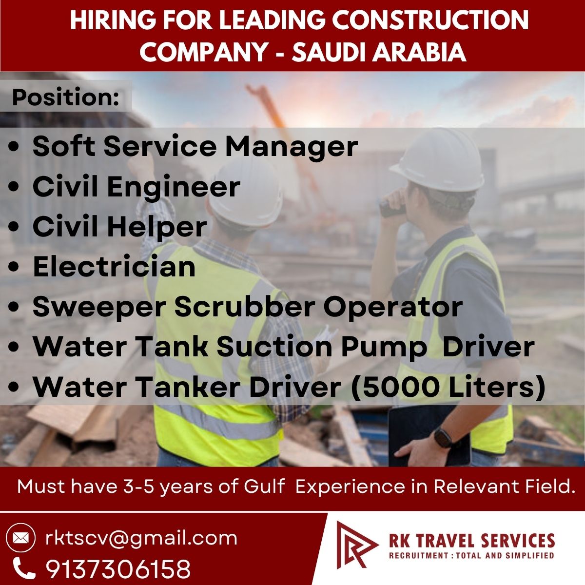 Multiple Positions - Leading Construction Company — RK Travel Services, Saudi Arabia