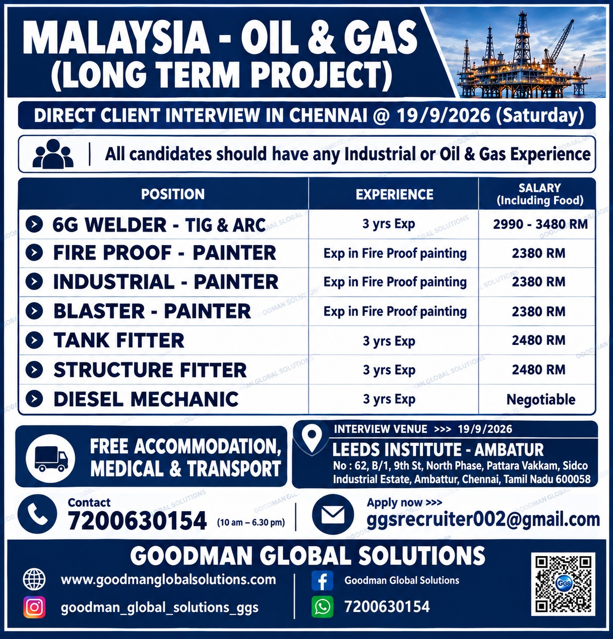 MALAYSIA - OIL & GAS (LONG TERM PROJECT) DIRECT CLIENT INTERVIEW IN CHENNAI @ 19 -SEP -2026