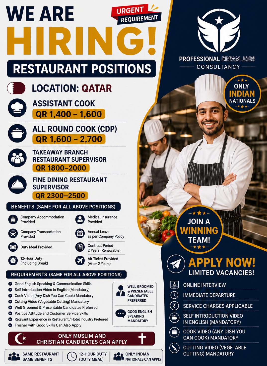 Restaurant Staffs required for a QSR chain of restaurants in Qatar