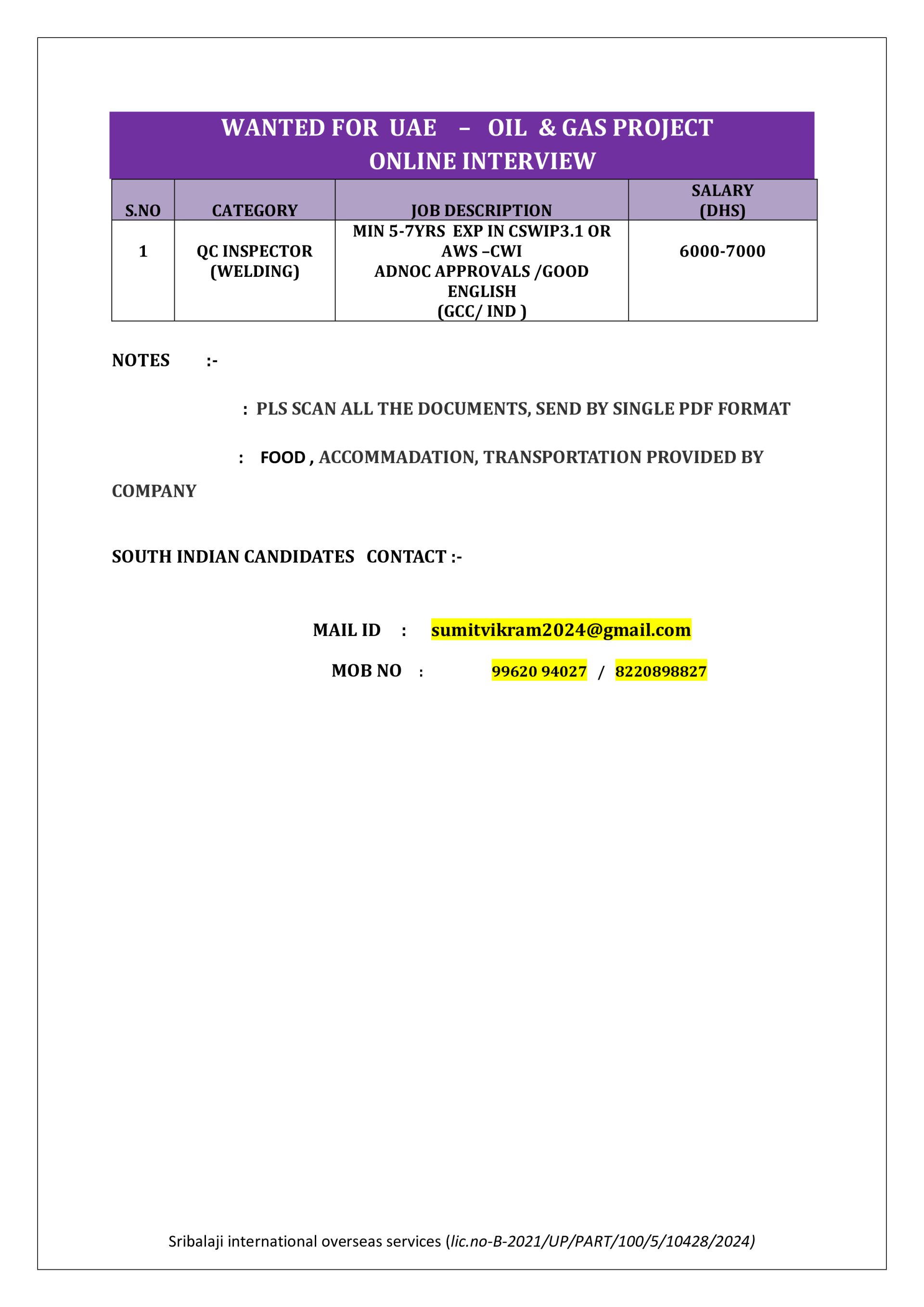 QC INSPECTOR — SHRI BALAJI
INTERNATIONAL, UAE, UAE