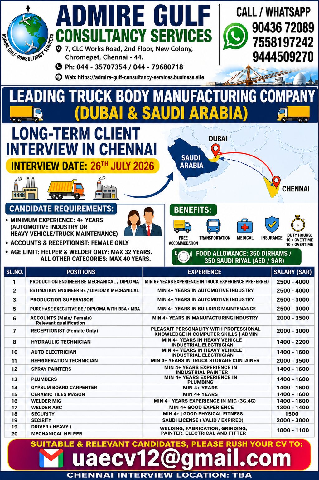Multiple Positions - Truck Body Manufacturing Company — admire gulf consultancy services, Saudi Arabia, Saudi Arabia