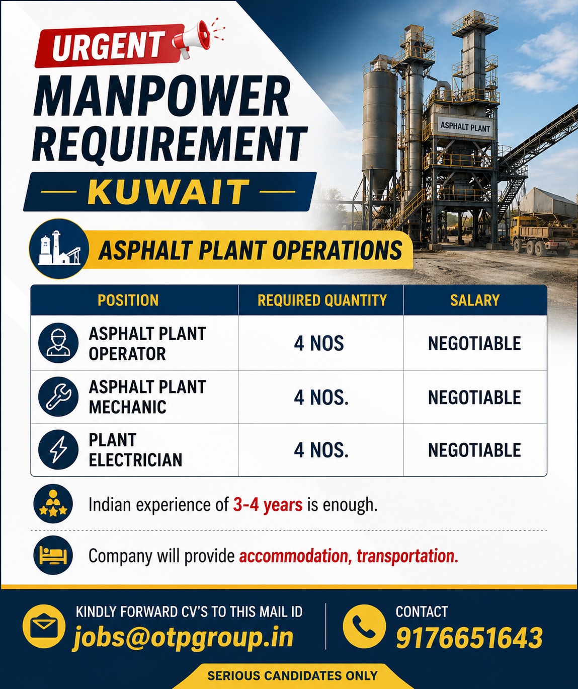 Asphalt Plant Operations - Urgent Manpower Requirement