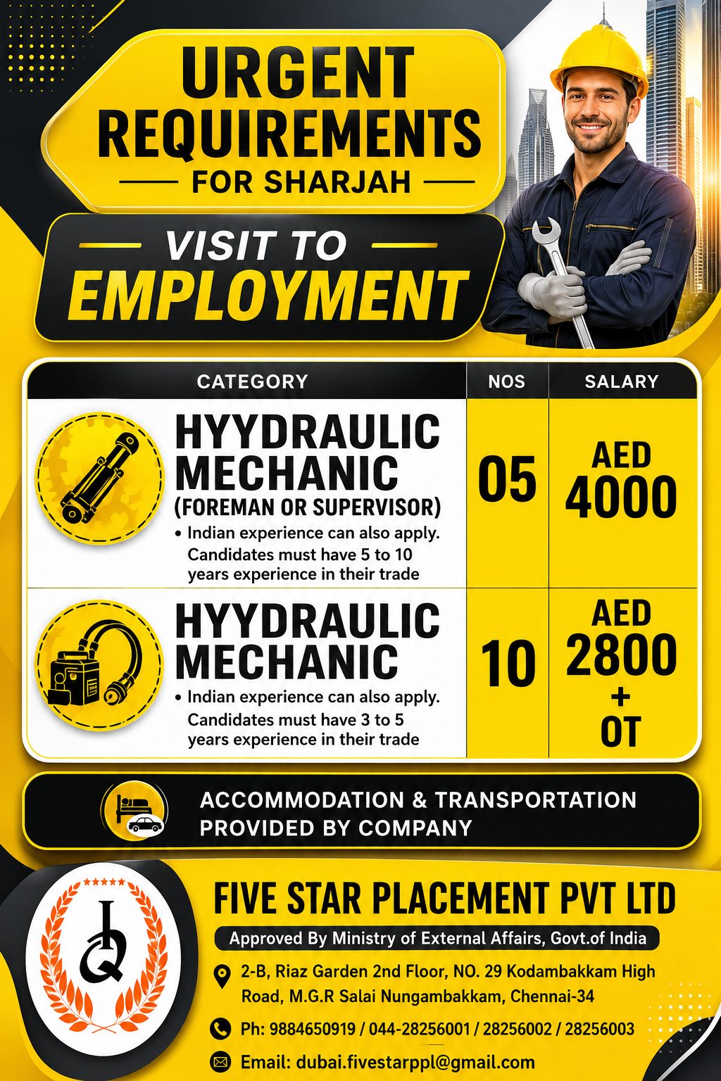 Urgent Requirements for Sharjah — Five Star Placement Pvt Ltd, DUBAI, DUBAI
