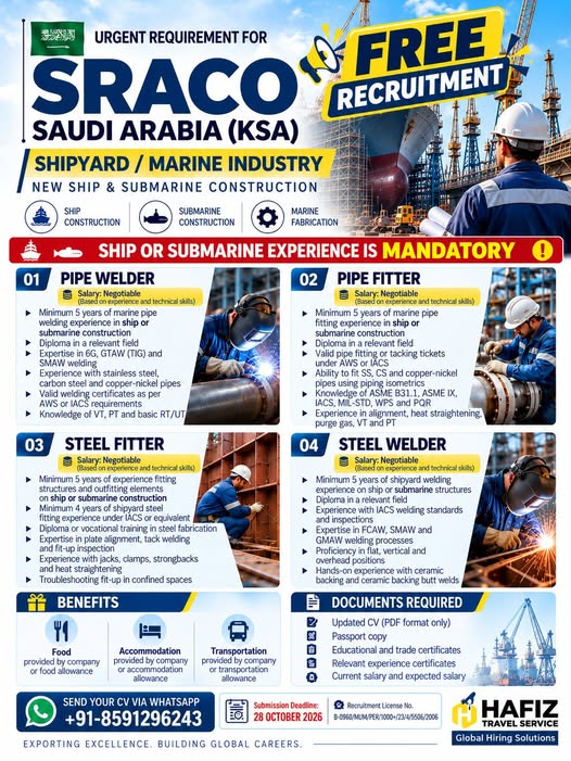 SRACO Saudi Arabia (KSA) - Shipyard / Marine Industry Recruitment