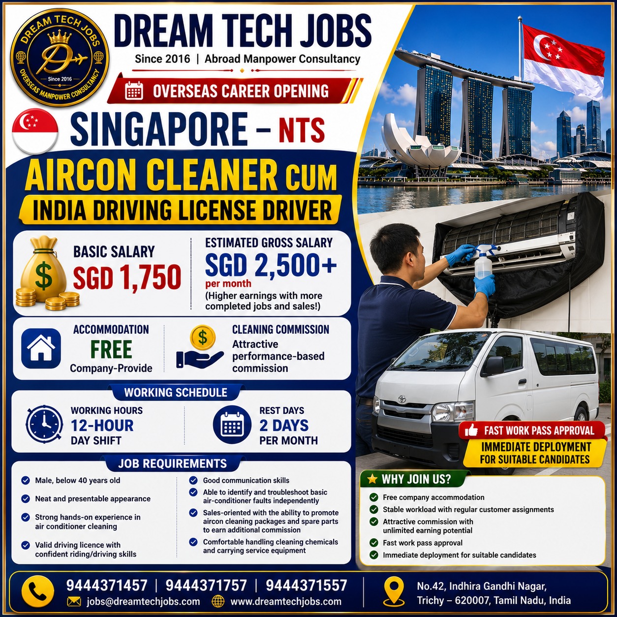 Aircon Cleaner cum India Driving License Driver — Dream Tech Jobs - Trichy, Singapore