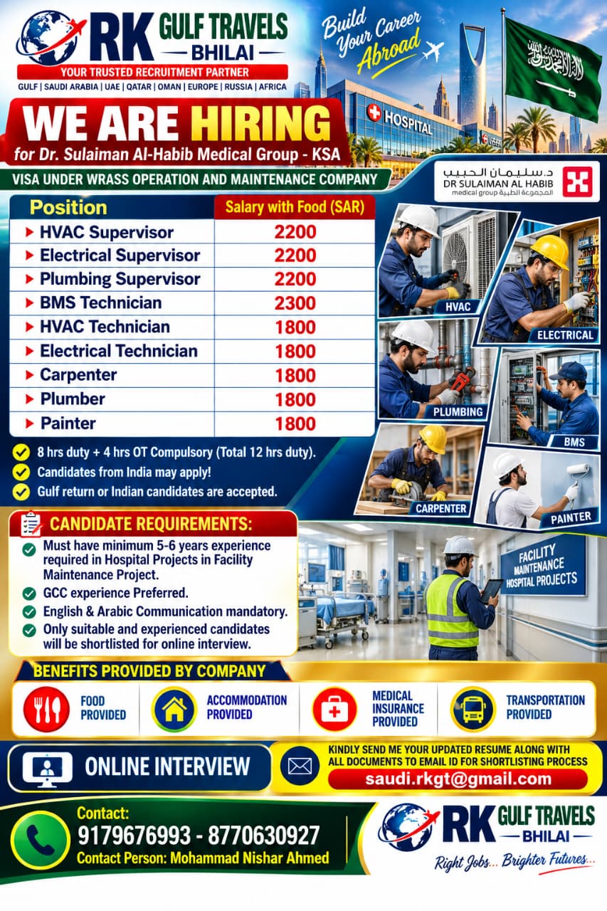 HIRING FOR A LEADING HOSPITAL MAINTENANCE PROJECT – SAUDI ARABIA. — RK GULF TRAVELS,BHILAI, SAUDI ARABIA, SAUDI ARABIA