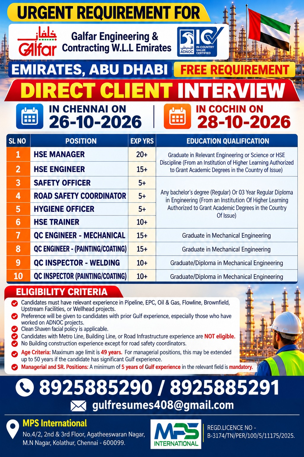 Urgent Requirement for Galfar Engineering & Contracting W.L.L Emirates - UAE