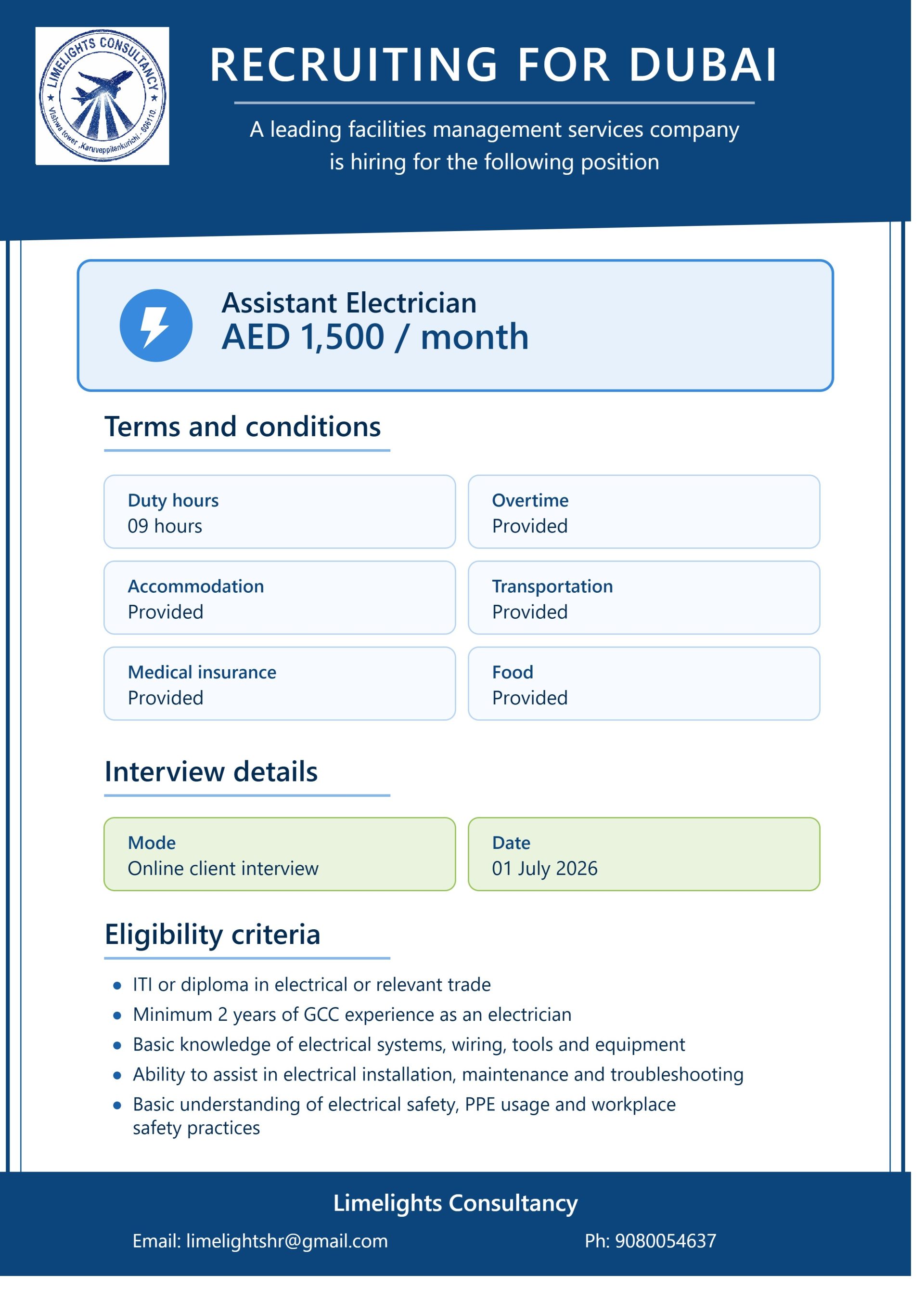 Assistant Electrician — Limelights consultant, United Arab Emirates