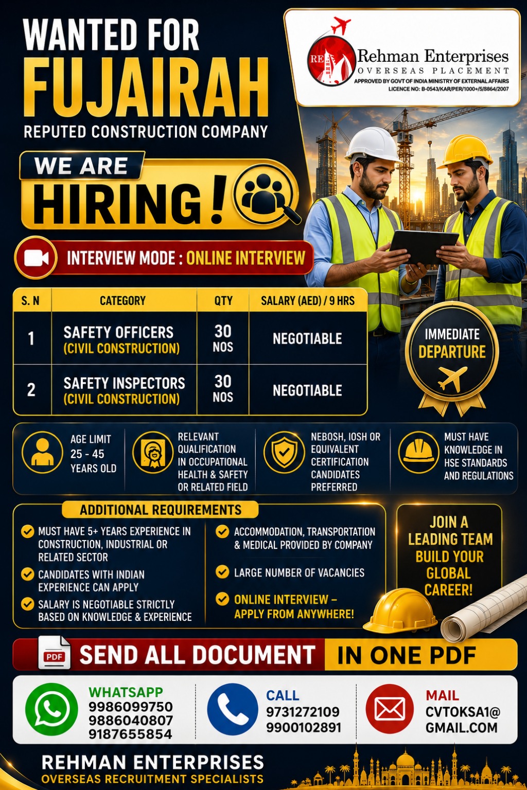 Safety Officers and Safety Inspectors for Fujairah Construction Company — Rehman Enterprises, United Arab Emirates, United Arab Emirates