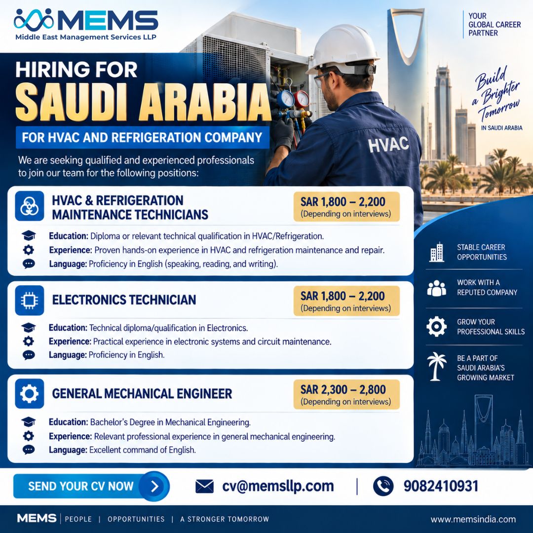 HVAC & REFRIGERATION COMPANY – MASS HIRING