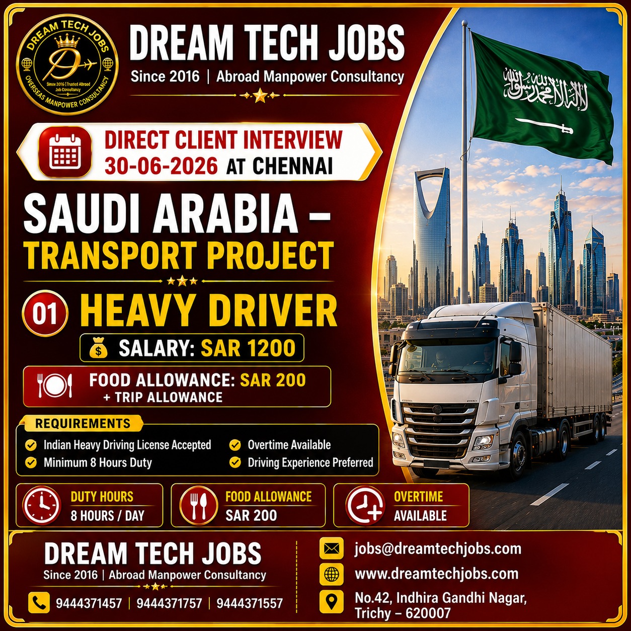 Heavy Driver - Saudi Arabia Transport Project — Dream Tech Jobs - Trichy, Saudi Arabia, Saudi Arabia