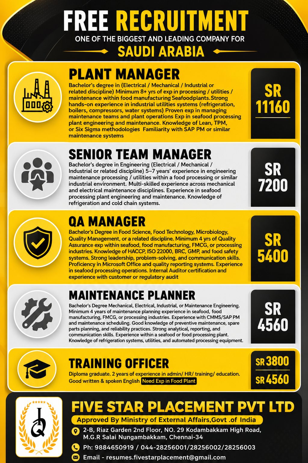 FREE REQUIREMENT One of the Biggest and leading company FOR SAUDI ARABIA - ALMARAI — Five Star Placement Pvt Ltd, SAUDI ARABIA, SAUDI ARABIA