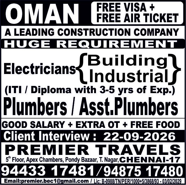 Electricians — Premier Travels, Oman