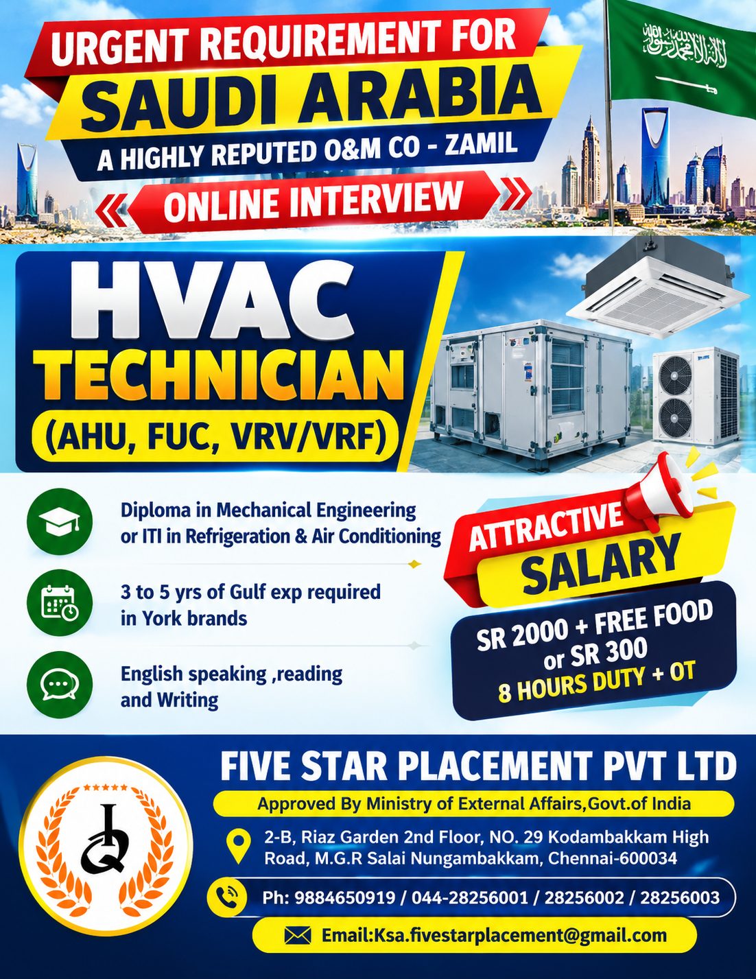 HVAC TECHNICIAN -(AHU, FUC, VRV/VRF) KSA — Five Star Placement Pvt Ltd, SAUDI ARABIA