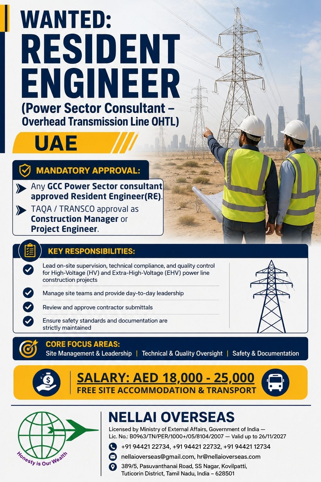 Resident Engineer (Power Sector Consultant – Overhead Transmission Line OHTL)