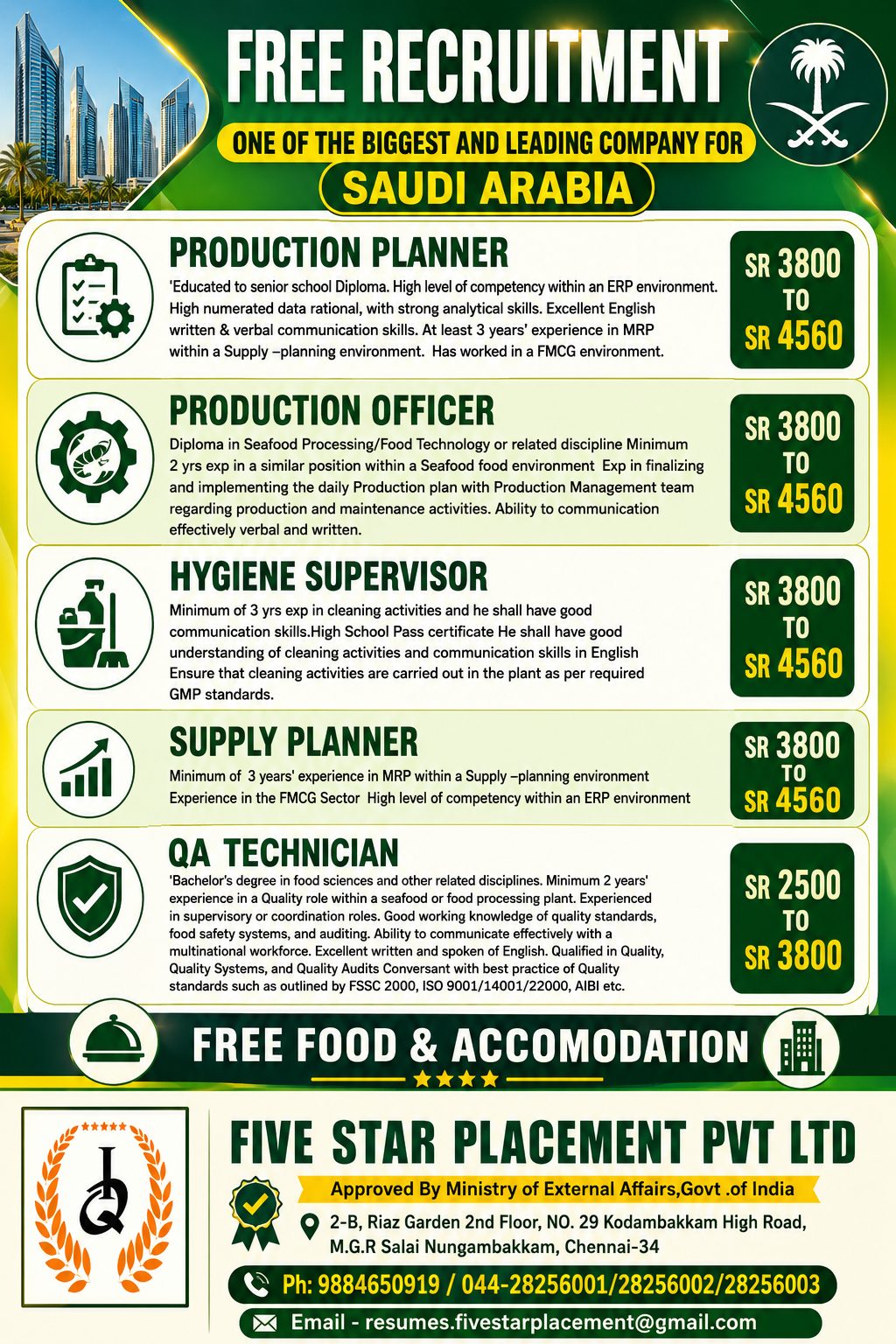 FREE REQUIREMENT FOR One of the Biggest and leading company FOR  SAUDI ARABIA — Five Star Placement Pvt Ltd, SAUDI ARABIA, SAUDI ARABIA