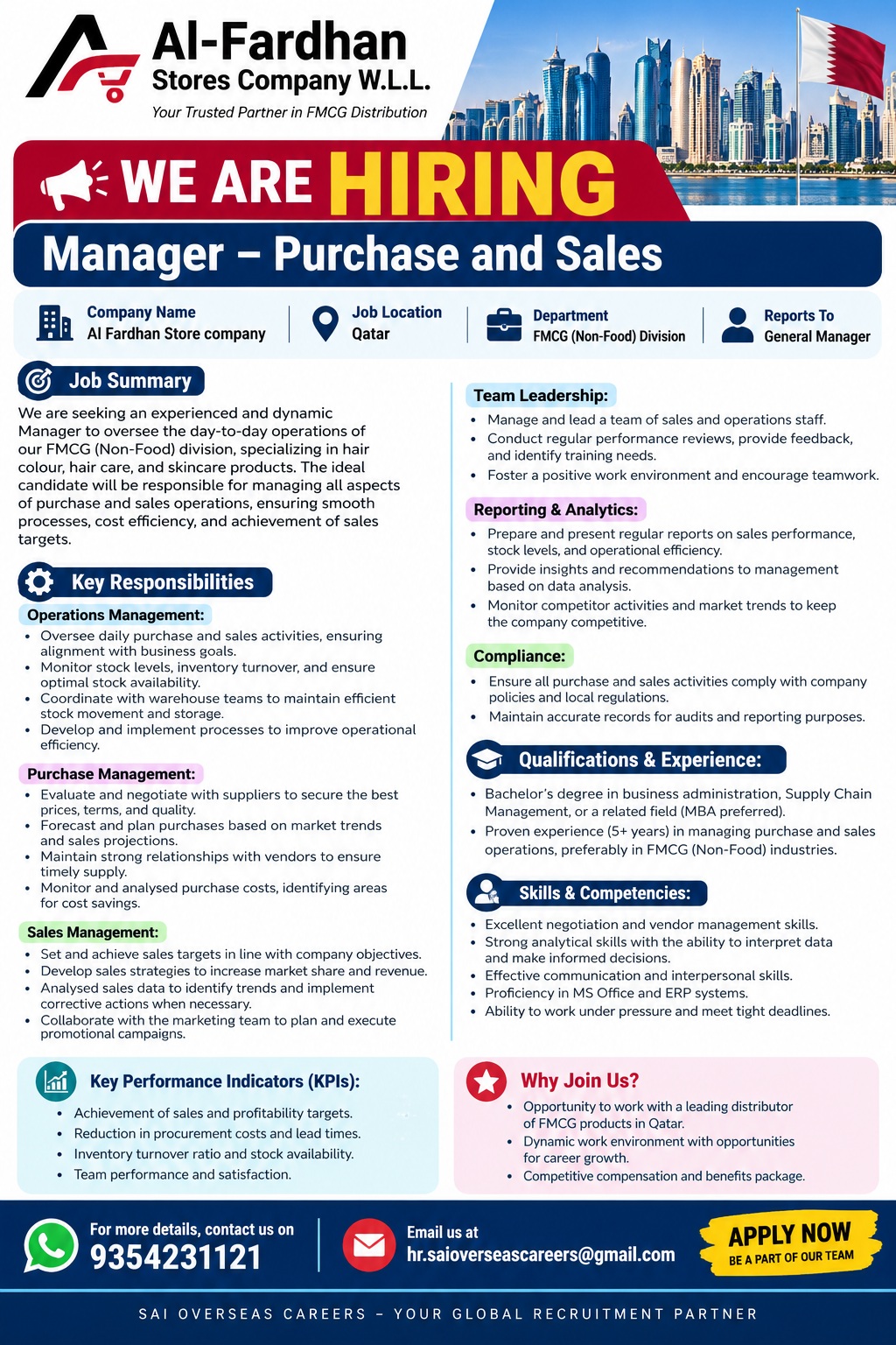 WE ARE HIRING – MANAGER – PURCHASE & SALES | QATAR