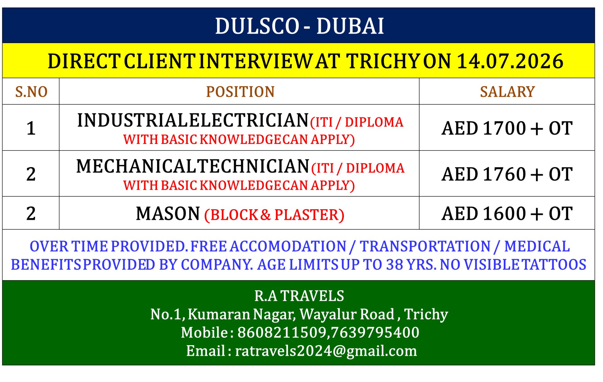 TECHNICIAN / MASON — R.A Travels, DUBAI, DUBAI