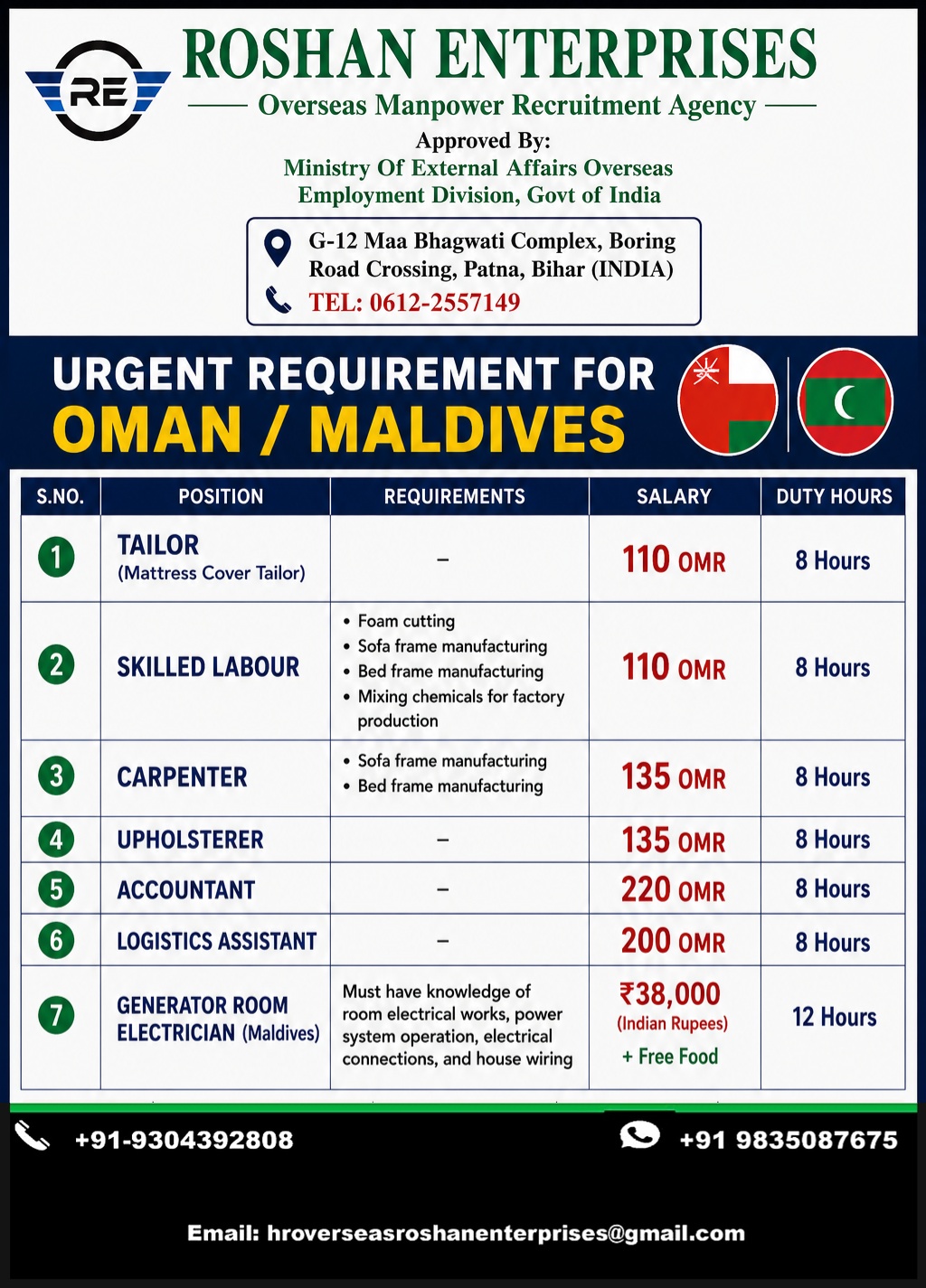 Urgent Requirement for Oman / Maldives — M/S  Roshan Enterprises, Oman / Maldives, Oman / Maldives