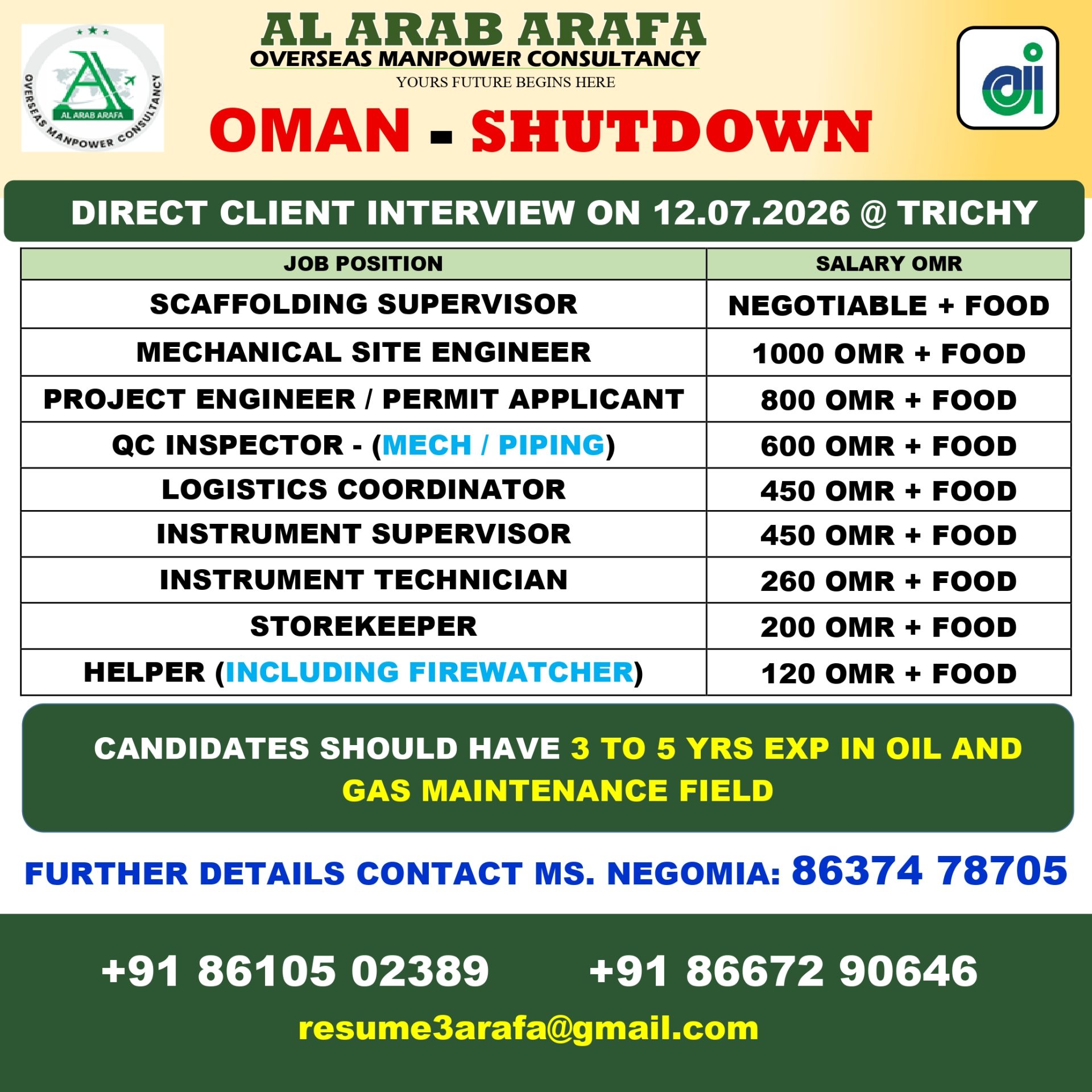 DIRECT CLIENT INTERVIEW ON 12.07.2026 @ TRICHY — Al Arab Arafa Consultancy Pvt LTD, OMAN, OMAN