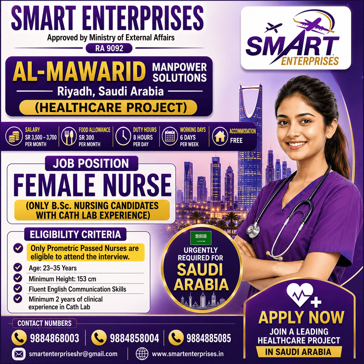 FEMALE NURSE — smartenterpriseshr@gmail.com, SAUDI ARABIA