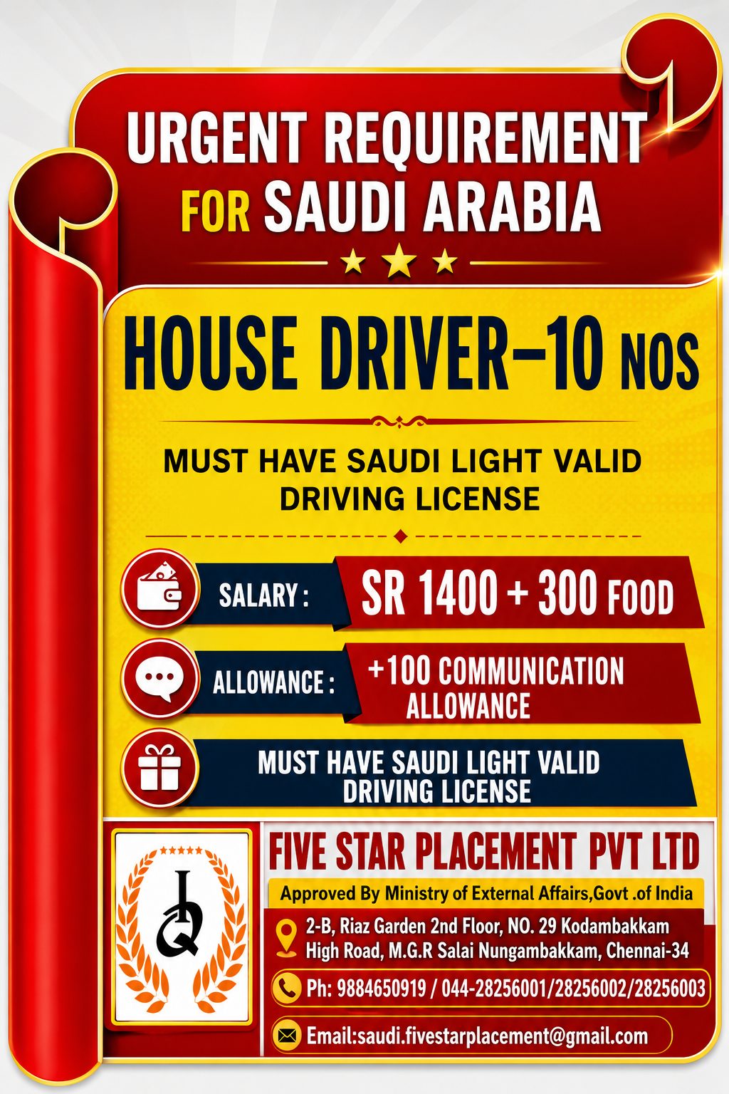 HOUSE DRIVER - SAUDI ARABIA — Five Star Placement Pvt Ltd, SAUDI ARABIA