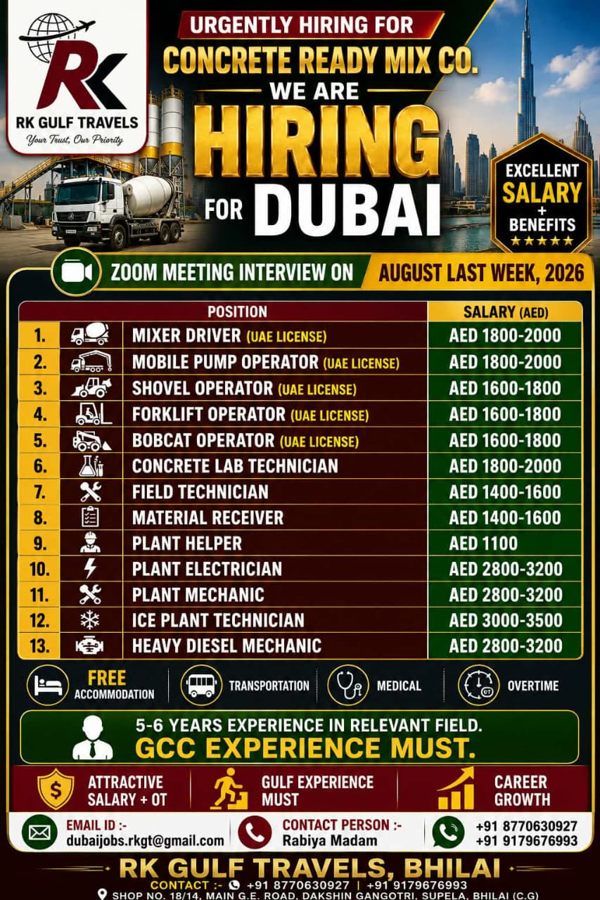 HIRING FOR A LEADING COMPANY – DUBAI (UAE). — RK GULF TRAVELS,BHILAI, DUBAI (UAE)